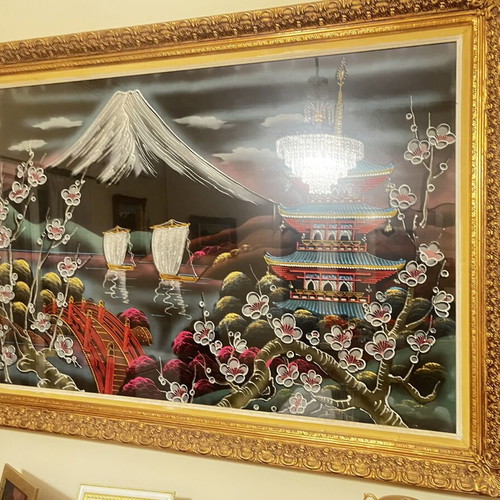 Classic tourist souvenir framed artwork depicting Mount Fuji, pagoda and arched bridge