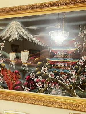 Classic tourist souvenir framed artwork depicting Mount Fuji, pagoda and arched bridge