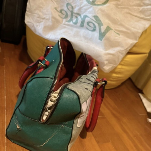 Verde handbag used with colorful Italian flag design, leather