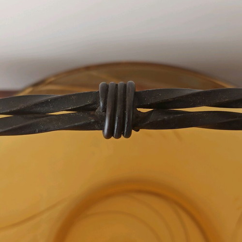 Vintage fruit bowl with a forged iron base & amber glass bowl