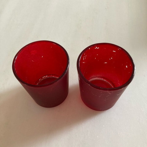 Glass tea light candle holders pair dark red used