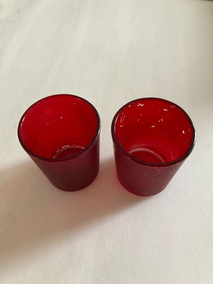Glass tea light candle holders pair dark red used