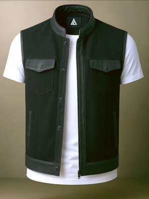 Biker γιλέκο Denim με δέρμα καινούργιο, μέγεθος Large, μαύρο