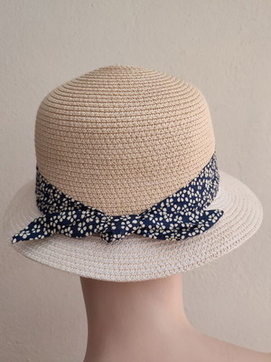 Women's hat like new, beige with blue ribbon and flowers