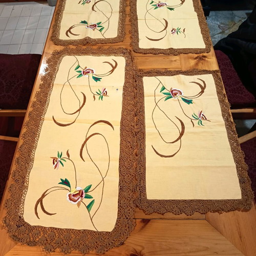 Embroidered table linens used, set of 4, mustard cotton