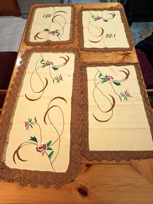 Embroidered table linens used, set of 4, mustard cotton