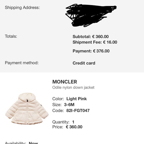 Moncler Odile Nylon Down Jacket like new, size 3-6 months, light pink