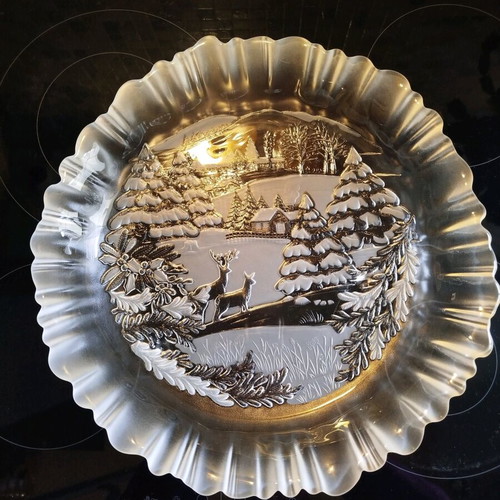 Crystal serving platter like new with embossed winter landscape