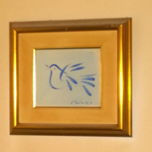 Stathopoulos painting with blue dove, acrylic on paper, signed