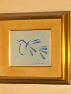 Stathopoulos painting with blue dove, acrylic on paper, signed