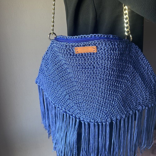 Handmade royal blue knitted shoulder bag with fringes