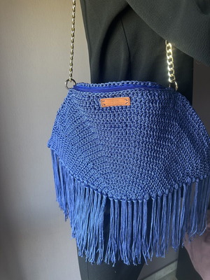 Handmade royal blue knitted shoulder bag with fringes
