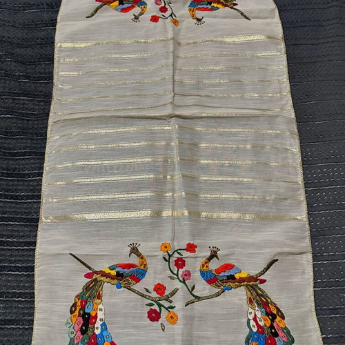 Vintage table runner with colorful peacock embroidery and gold stripes like new