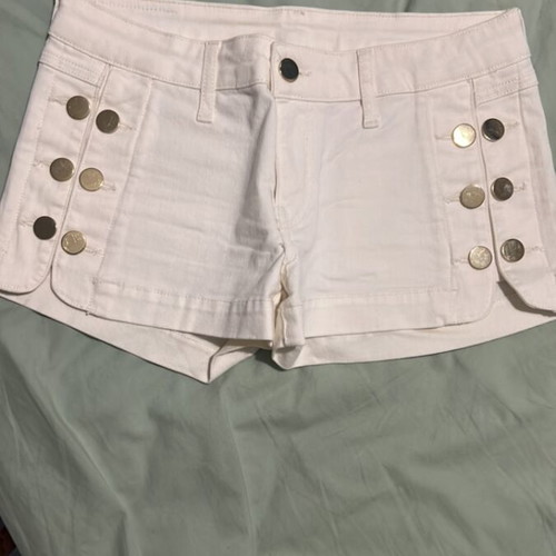 Mango elastic white denim shorts with gold buttons, size S