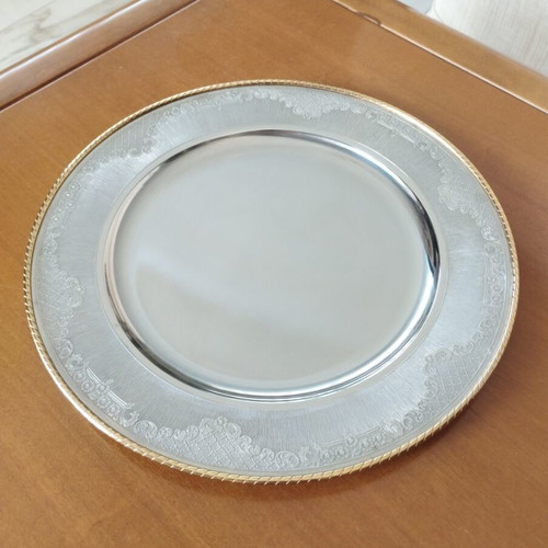 Vintage stainless steel serving tray 30cm with gold trim, mint condition