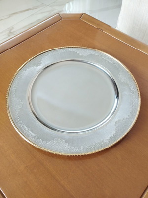Vintage stainless steel serving tray 30cm with gold trim, mint condition