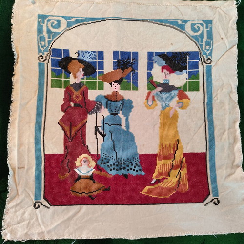 Vintage handmade tapestry embroidery with three women and child, Art Nouveau style