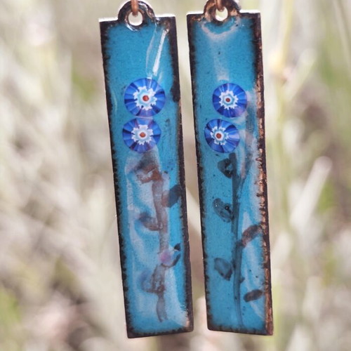 Handmade blue enameled earrings with Murano millefiori glass