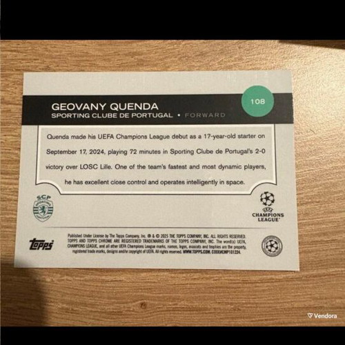 Geovany Quenda 2024-25 Topps Chrome UCL Aqua Refractor Rookie Card like new