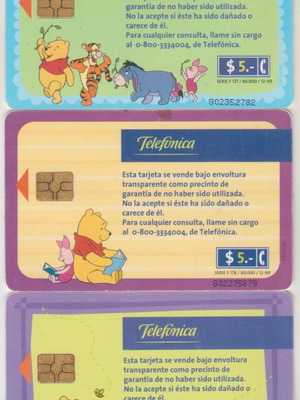 Disney Winnie the Pooh Argentina phone cards, set of 3, used