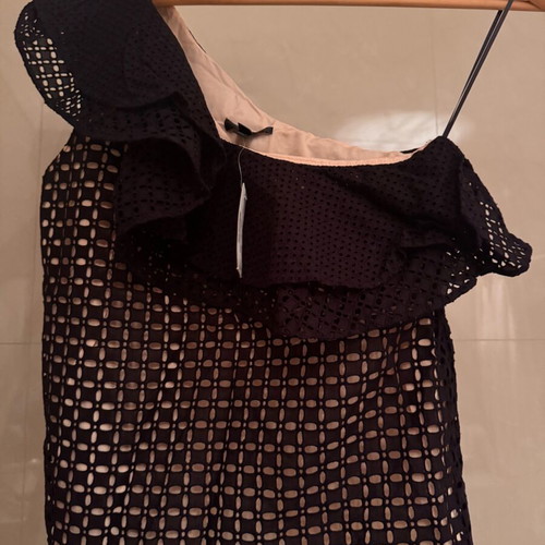 J. Crew One-Shoulder Blouse with Ruffles New, Black and Beige