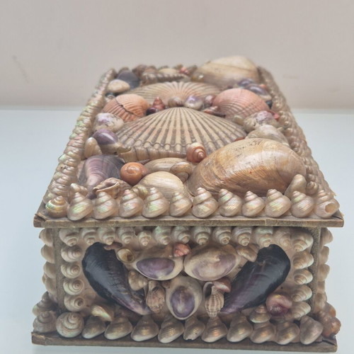 Handmade Seashell Jewelry Box, 1970s Vintage Folk Art Trinket Box