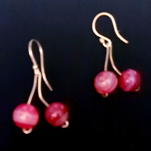 Cherries earrings silver 925 with natural pink agate, handmade
