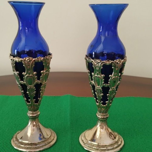 Pair of cobalt glass vases used with silver bases