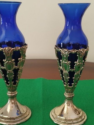 Pair of cobalt glass vases used with silver bases