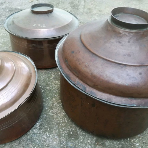 Copper pots used, set of 3 with lids, small, medium, large