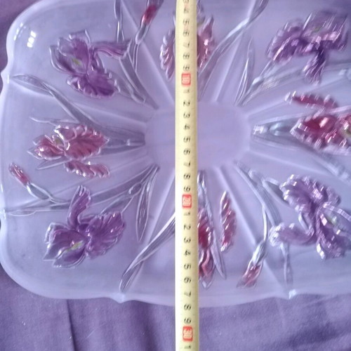 Walther glass platter with purple and rose embossed flowers like new