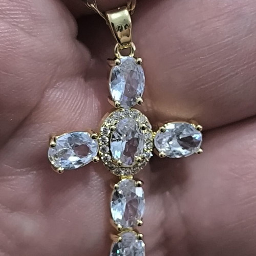 Elegant cross necklace with white stones in gold tone, new