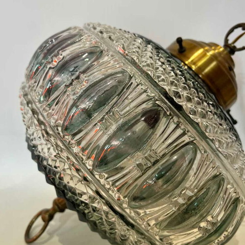 Vintage ceiling light made of blown glass with embossed pattern and brass details from the 60s used
