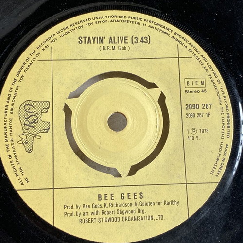 Bee Gees Stayin' Alive 45rpm vinyl single used, Greek 1978 RSO