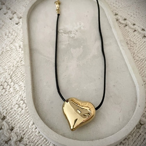 Handmade heart necklace with leather, new, black and gold