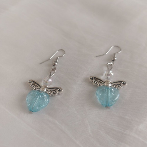 Little Angels #1 Handmade Angel Hearts Earrings in Turquoise and Silver