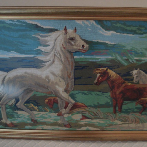 Handmade embroidered painting with wooden frame, horses theme, like new
