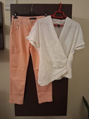 Fabric pants salmon color size 44 and linen blouse like new