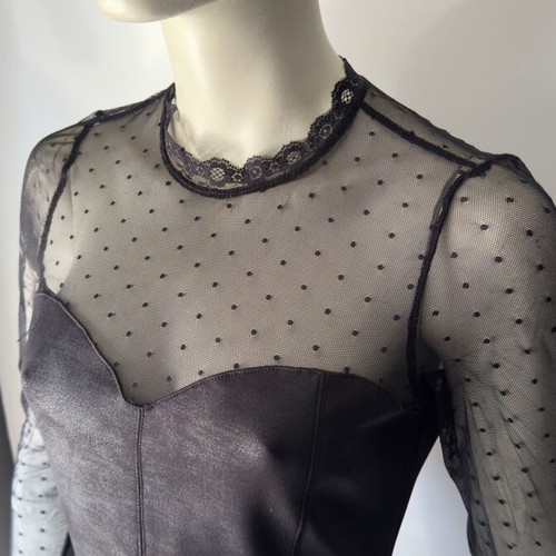 Bodycon evening dress black with mesh polka dots and leatherette like new