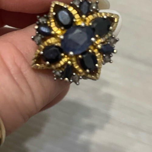 Gold ring 9k and silver 925 with sapphires and diamonds vintage used