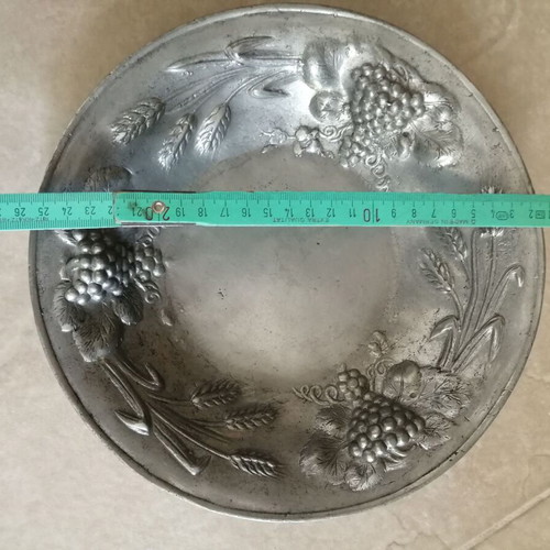 Vintage Pewter Decorative Bowl with Grapes and Wheat Motifs, Like New