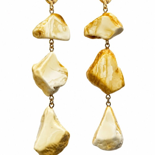 Royal White Baltic Amber Earrings, 24K Gold Silver 925