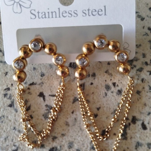 Dangling earrings with double chains and decorative stones, stainless steel, new