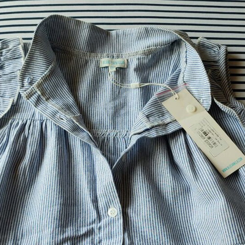 Blue Vanilla blouse shirt with open shoulders and ruffles, new, size S