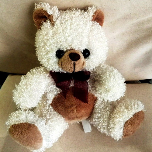 Stuffed teddy bear 30cm, white-brown boucle with burgundy bow