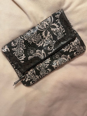Topshop clutch like new with snake and brocade print, handheld, black and beige