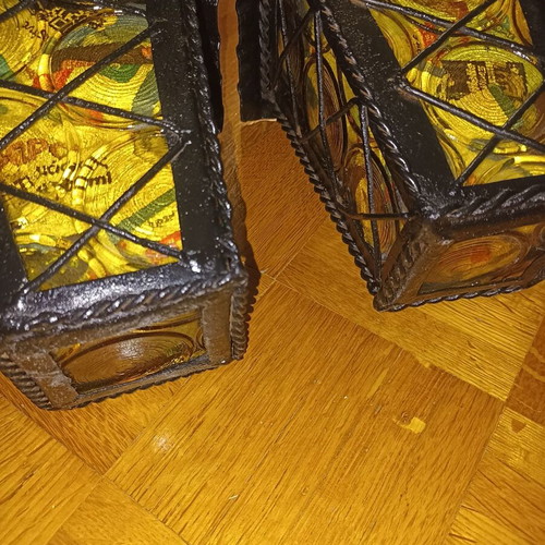 Metal outdoor and indoor lamps with yellow glass, set of 2