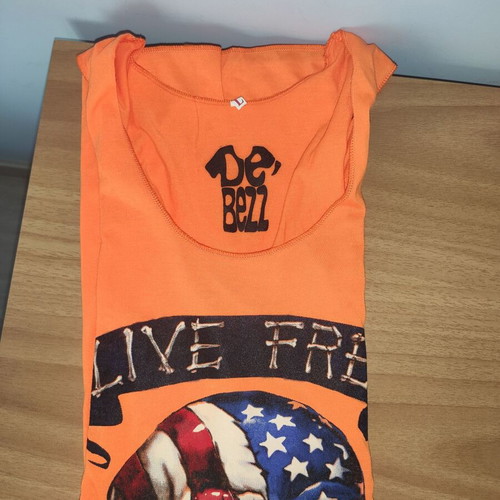 De Bezz unisex sleeveless shirt new, bright orange with "Live free or Die" print