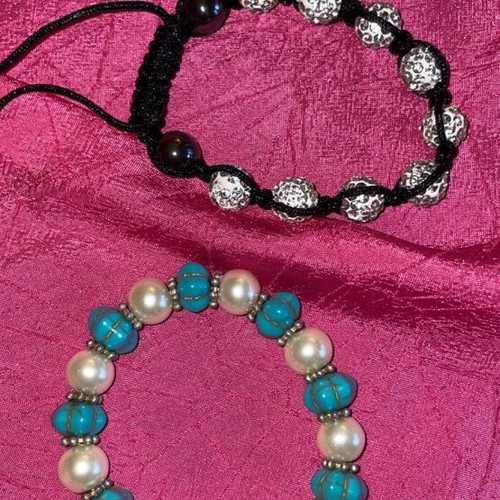 Black bracelet with shiny stones and turquoise pearl bracelet, set of 2