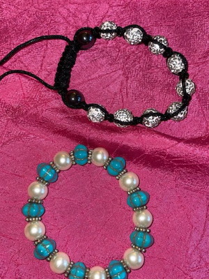 Black bracelet with shiny stones and turquoise pearl bracelet, set of 2